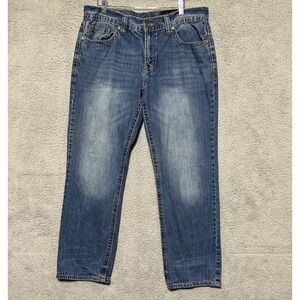 TK Axel Slim Boot Cut Jeans 36x32 Blue Wash Distressed Relaxed Retro Cowboy